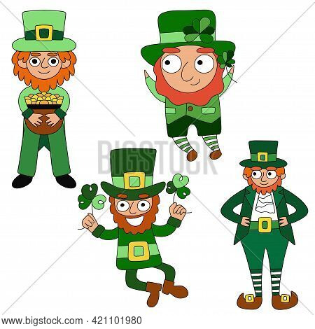 Cartoon Hand-drawn Four Leprechauns White Isolated Set Stock Vector Illustration. Happy Four Differe
