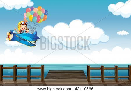 Illustration af en pralende abe flyver på et fly