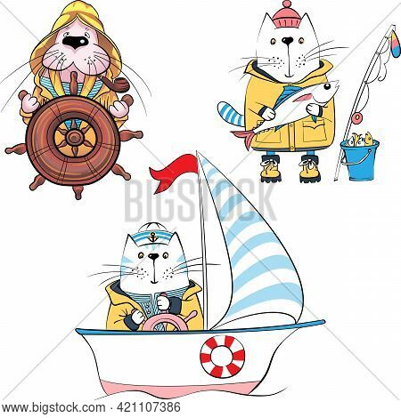 Vector Set Of Cartoon Sailors, Cat Fisherman And Walrus Captain