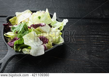 Mix Salad Leaves Set, In Frying Cast Iron Pan Or Pot, On Black Wooden Table, With Copy Space For Tex