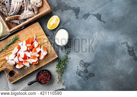 Fresh Crab Meat Stick Surimi With Blue Swimming Crab Set, On Gray Background, Top View Flat Lay , Wi