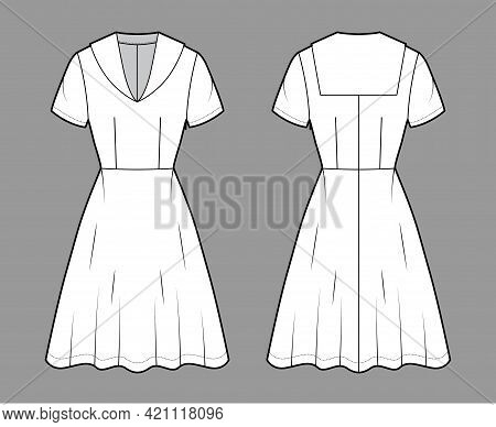 Dress Sailor Technical Fashion Illustration With Middy Collar, Short Sleeve, Fitted Body, Knee Lengt