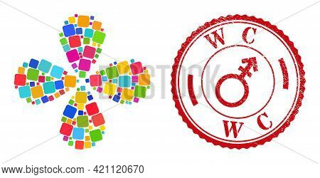 Rounded Square Multi Colored Swirl Abstract Flower, And Red Round Wc Dirty Stamp Imitation. Rounded 