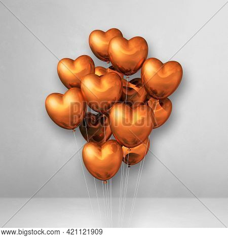 Copper Heart Shape Balloons Bunch On A White Wall Background. 3d Illustration Render
