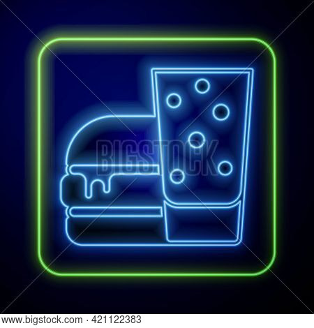 Glowing Neon Burger Icon Isolated On Blue Background. Hamburger Icon. Cheeseburger Sandwich Sign. Fa