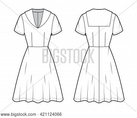 Dress Sailor Technical Fashion Illustration With Middy Collar, Short Sleeve, Fitted Body, Knee Lengt