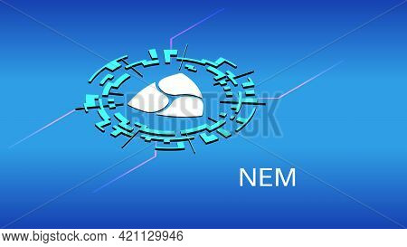 Nem Xem Isometric Token Symbol In Digital Circle On Blue Background. Cryptocurrency Icon. Vector Ill
