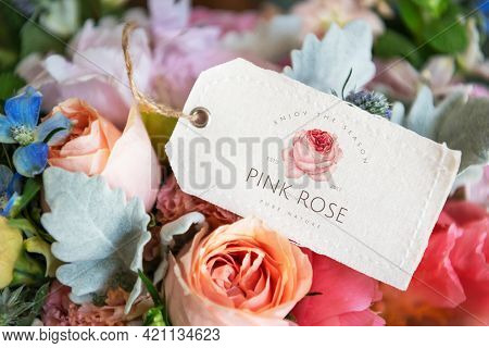 Bouquet of colorful flowers with a label mockup