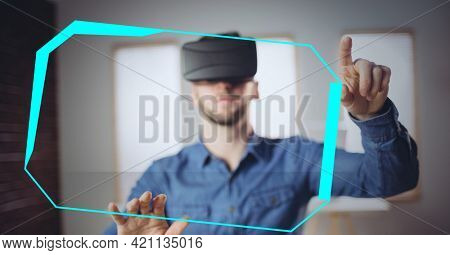 Composition of businessman wearing vr headset touching digital screen. global connections, technology and digital interface concept digitally generated image.