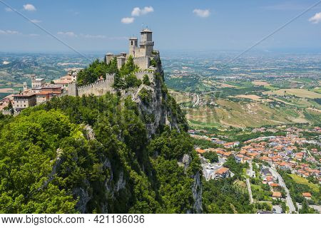 Mighty Guaita Tower and fortress on Mount Titano above the Republic of San Marino