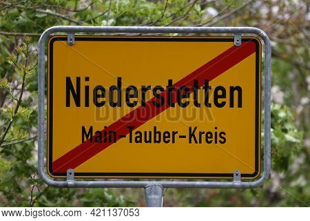 Yellow Traffic Sign With Local Town Names. Niederstetten In Baden-wurttenberg, Germany. Text In Germ