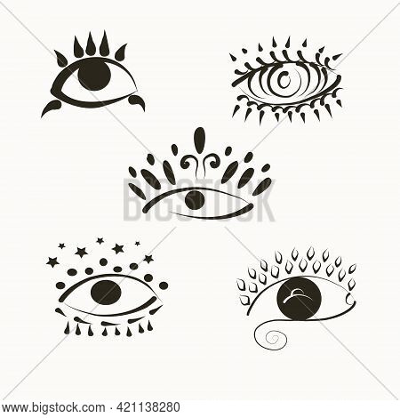 Eyes In Boho Style Black And White. Isolated Elements On A White Background.