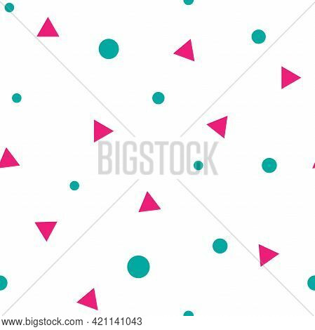 Abstract Ornament With Blue Dots And Circles And Pink Triangles. Confetti On White Background. Geome