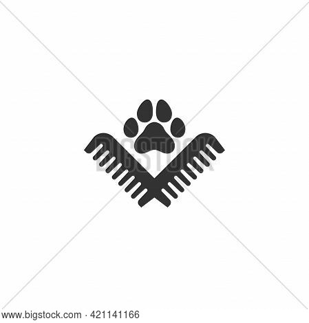 Pet Grooming. Comb And Paw Trail. Animal Haircut, Combing And Grooming Pets. Salon Logo.