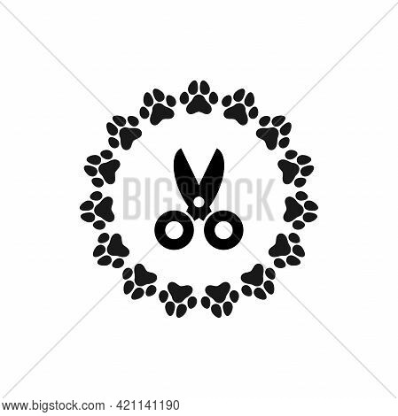 Pet Grooming. Comb And Scissor And Paw Trail. Animal Haircut, Combing And Grooming Pets. Salon Logo.