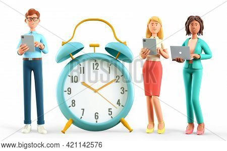 3d Illustration Of Business People Team Standing Nearby A Huge Vintage Alarm Clock. Happy Multicultu