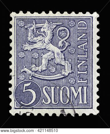 ZAGREB, CROATIA - SEPTEMBER 04, 2014: Stamp printed in the Finland shows Crowned Lion, Coat of Arms of the Republic of Finland, Hammarsten-Jansson Design, circa 1954