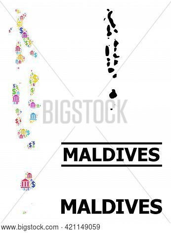 Bright Colored Bank And Money Mosaic And Solid Map Of Maldives. Map Of Maldives Vector Mosaic For Bu