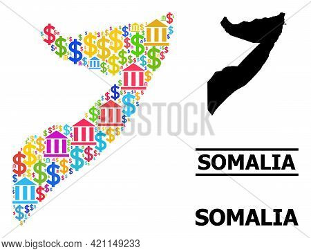 Colored Bank And Commercial Mosaic And Solid Map Of Somalia. Map Of Somalia Vector Mosaic For Geogra