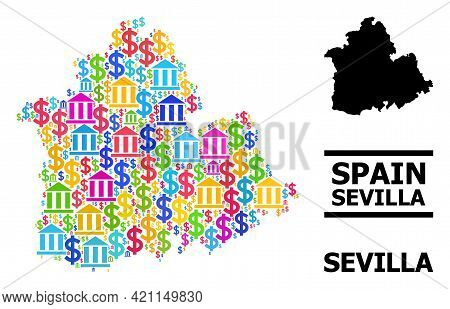 Bright Colored Banking And Dollar Mosaic And Solid Map Of Sevilla Province. Map Of Sevilla Province 