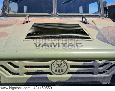 Smardan, Romania - May 11, 2021: Details With The Logo Of A Romanian Army Uro Vamtac Armored Vehicle