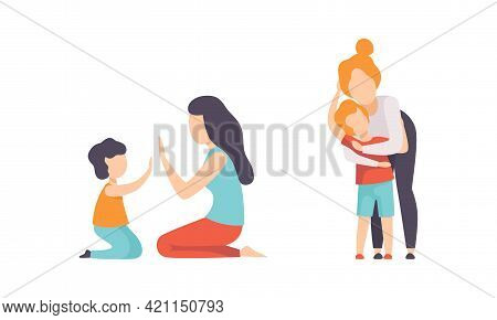 Parents And Their Kids Having Good Time Together Set, Mom Playing Patty Cake And Hugging Son Flat Ve