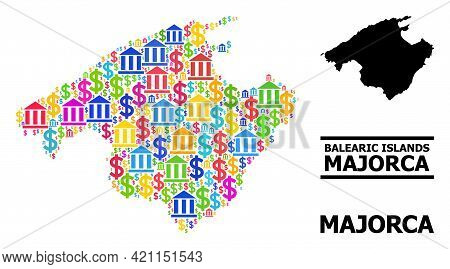 Bright Colored Bank And Dollar Mosaic And Solid Map Of Majorca. Map Of Majorca Vector Mosaic For Bus