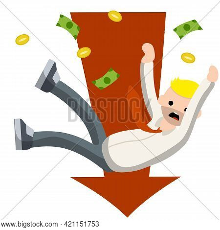 Falling Down Man In Shirt And Tie. Office Problem. Employee Dismissal. Collapse And Bankruptcy. Red 