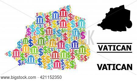 Vibrant Bank And Dollar Mosaic And Solid Map Of Vatican. Map Of Vatican Vector Mosaic For Business C