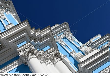 Orthodox Churches In Russia. Smolniy Cathedral In St. Petersburg. Architectural Details And Cornices