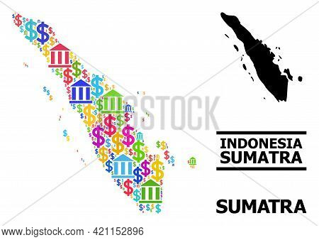 Colored Bank And Dollar Mosaic And Solid Map Of Sumatra Island. Map Of Sumatra Island Vector Mosaic 
