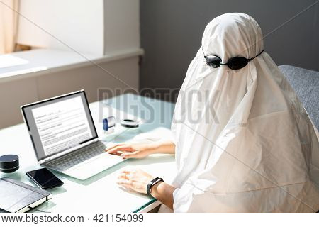 Ghostwriter Writing On Office Computer. Ghost Writer Using Laptop