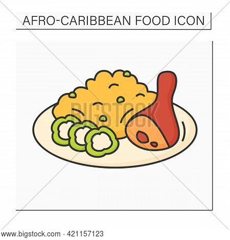 Afro-caribbean Food Color Icon. Jollof Rice And Fried Stewed Chicken. Local Food Concept. Isolated V