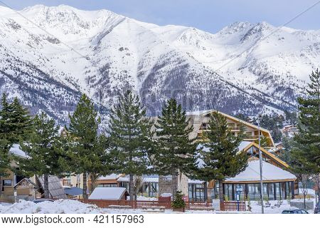 Auron, France - 10.01.2021 Alpine Village At Winter Snow. Slopes Of Winter Resort In Alpes Maritime,