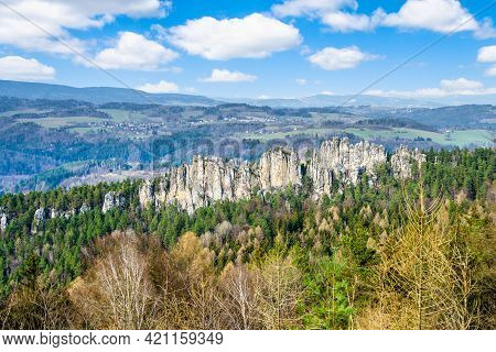 Dry Rocks, Czech: Suche Skaly, In Bohemian Paradise. Panoramic View On Sunny Spring Day. Czech Repub