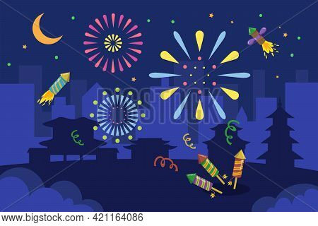 Colorful Fireworks In Asian City At Night. Firecrackers, Confetti, Pagodas, Silhouette Of City And B
