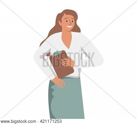 Happy Young Woman Pointing And Showing Smth With Hand. Smiling Secretary Or Businesswoman Explaining
