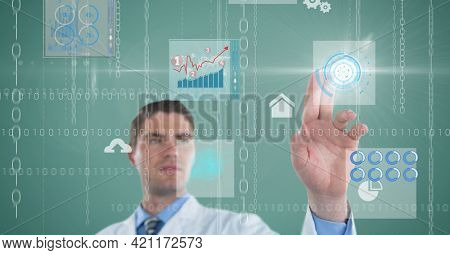 Composition of male doctor touching screen with binary coding and medical data processing. global medicine and healthcare concept digitally generated image.