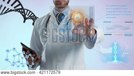 Composition of male doctor touching screen with medical data processing. global medicine and healthcare concept digitally generated image.