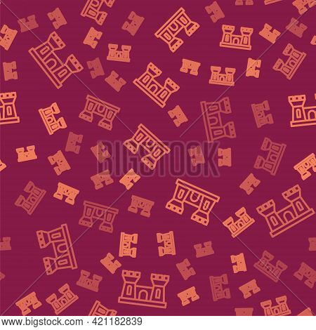 Brown Line Sand Castle Icon Isolated Seamless Pattern On Red Background. Vector
