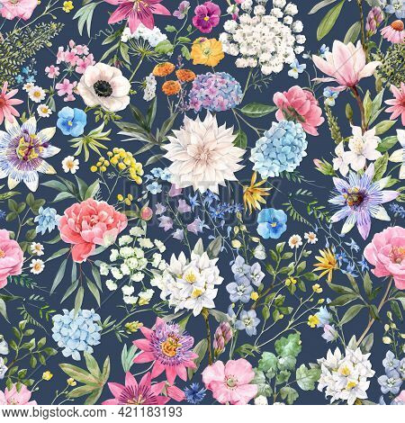 Beautiful Vector Seamless Floral Pattern With Watercolor Hand Drawn Gentle Summer Flowers. Stock Ill