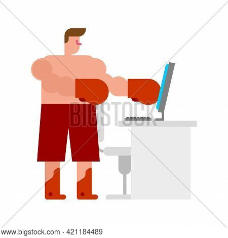 Online Fight. Aggressive Opponent In Internet. Man In Boxing Gloves Hits Screen. Dispute And Feud On