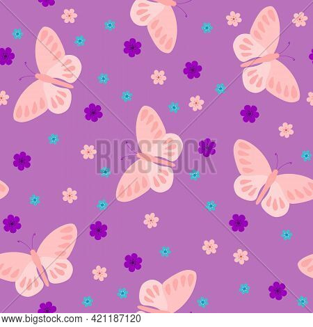 Pink Butterflies On A Purple Background. Seamless Pattern Background. Repeating Vector For Kids Cent