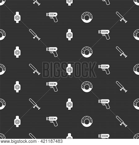Set Donut, Police Rubber Baton, Human Target Sport For Shooting And Electric Shocker On Seamless Pat