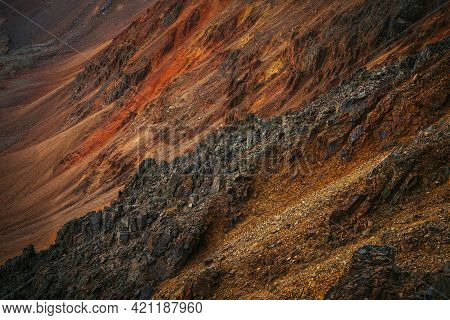 Scenic Nature Background Of Multicolor Mountain. Colorful Nature Backdrop Of Motley Rocks. Multicolo