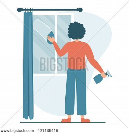 Man cleaning the window vector isolated. Househusband doing domestic routine. Washing glass window with sponge.