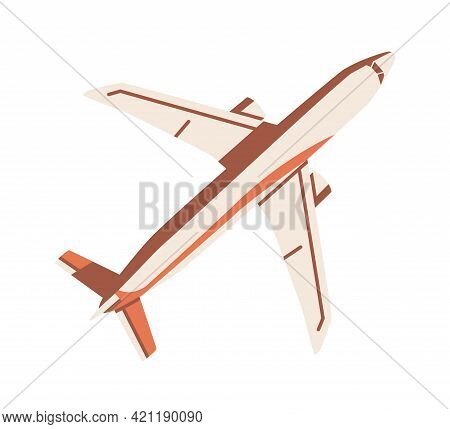 Top View Of Flying Airplane. Aircraft Flight. Plane With Tail, Wings And Engine. Passenger Air Jet. 