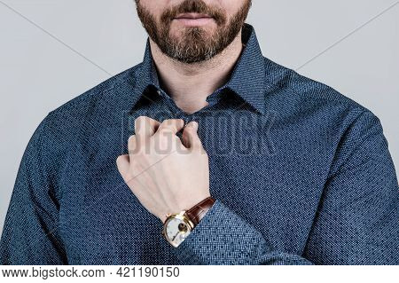 Bearded Man Cropped View Button Casual Style Shirt Grey Background, Dressing Informal