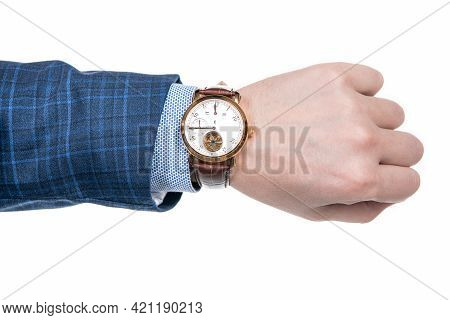 Analog Wrist Watch Worn On Male Hand In Business Suit Isolated On White, Deadline