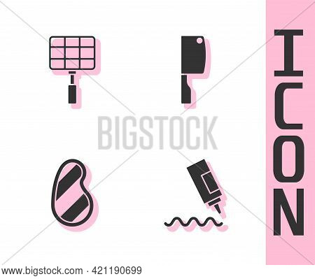 Set Sauce Bottle, Barbecue Steel Grid, Steak Meat And Meat Chopper Icon. Vector